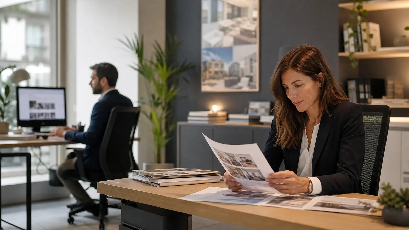 Professionisti al lavoro in un’agenzia immobiliare contemporanea