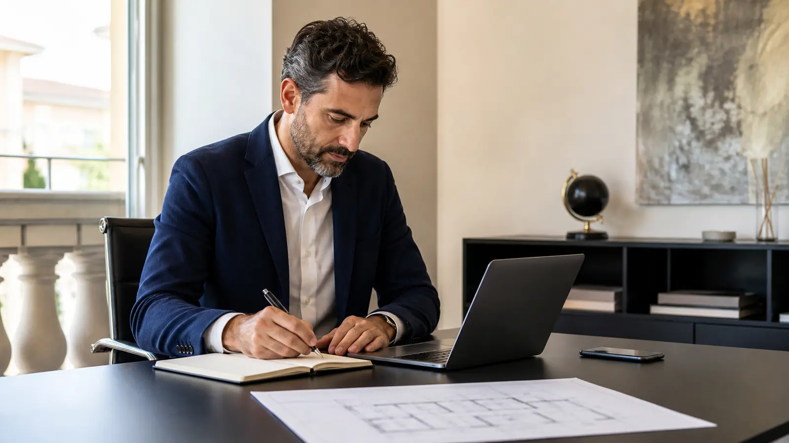 Agente immobiliare al lavoro in un ufficio contemporaneo