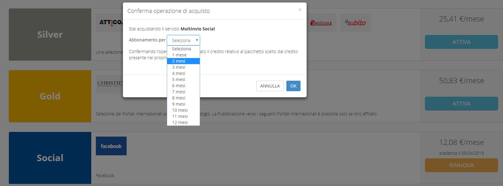 Seleziona mesi di abbonamento